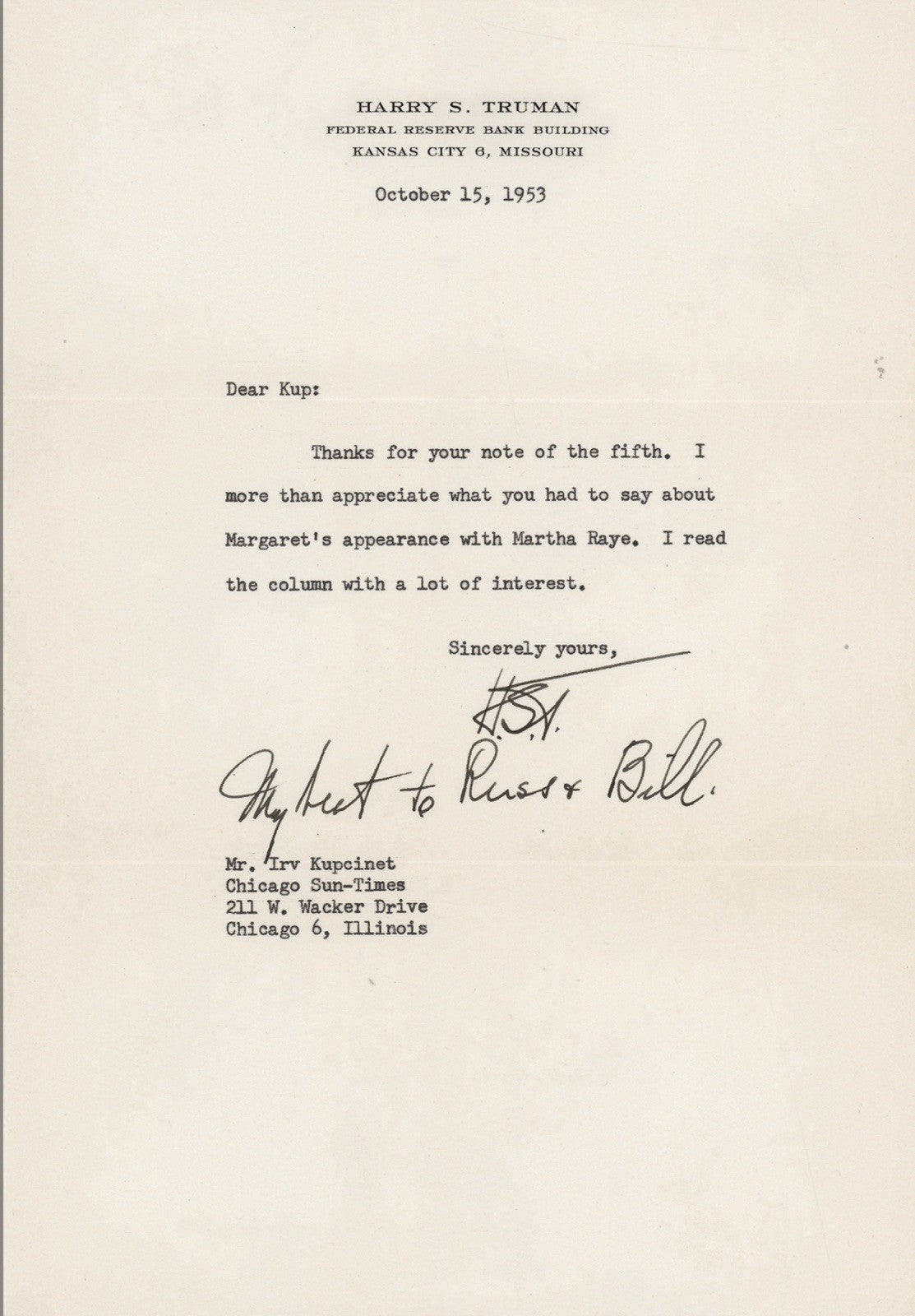 Harry S. Truman Signed Letter 1953 President Autograph Historic
