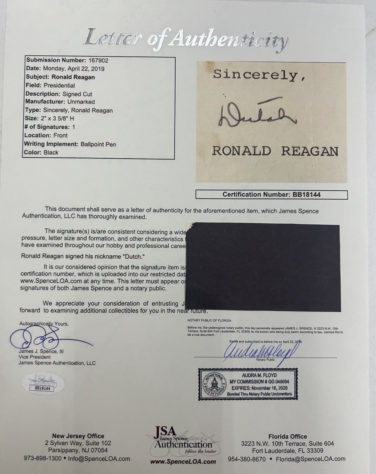 Ronald Reagan Signed Cut Autograph RARE “Dutch” Signature JSA LOA