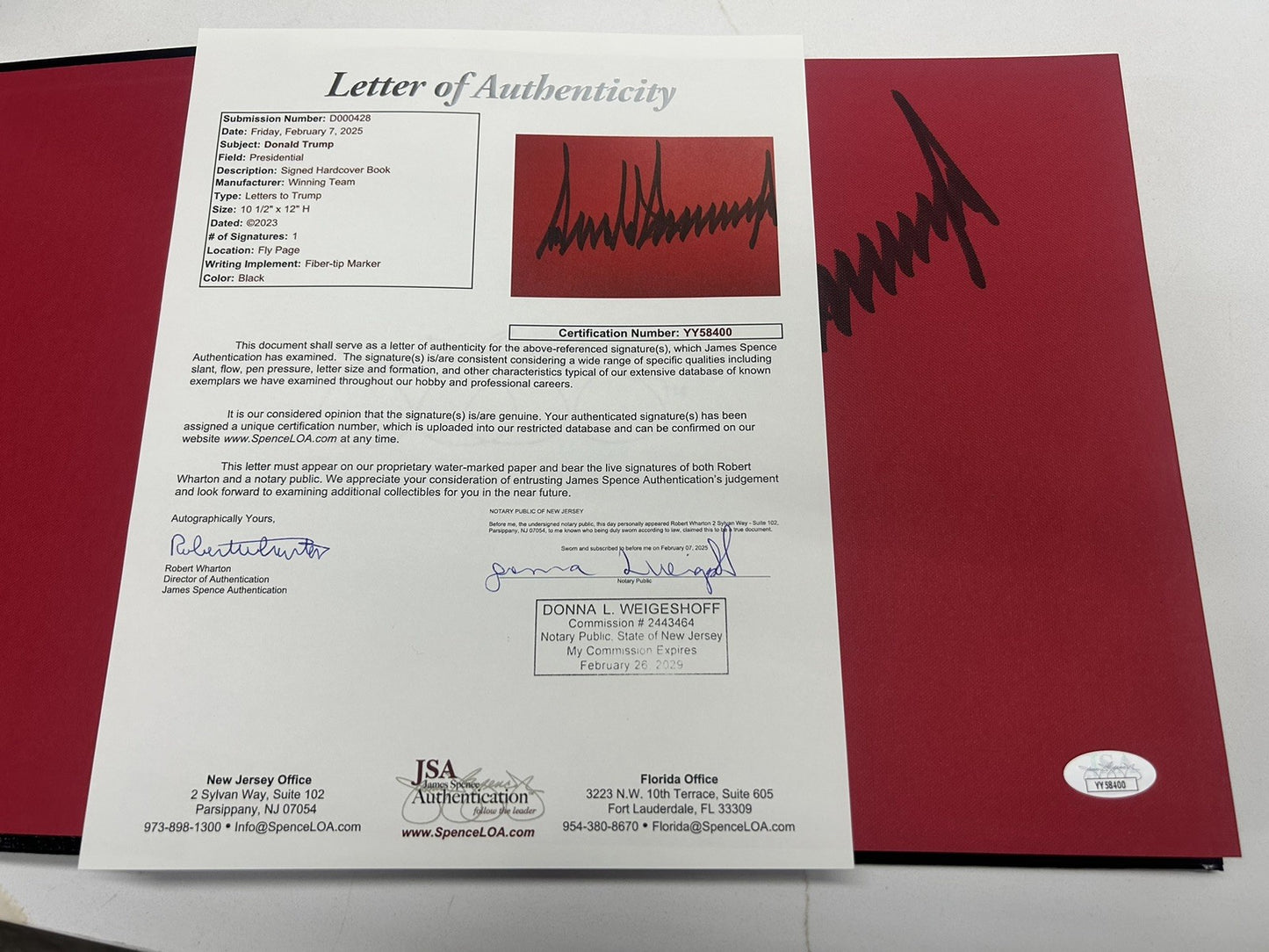 President Donald J Trump FULL SIGNATURE SIGNED “Letters To Trump” Book JSA LOA