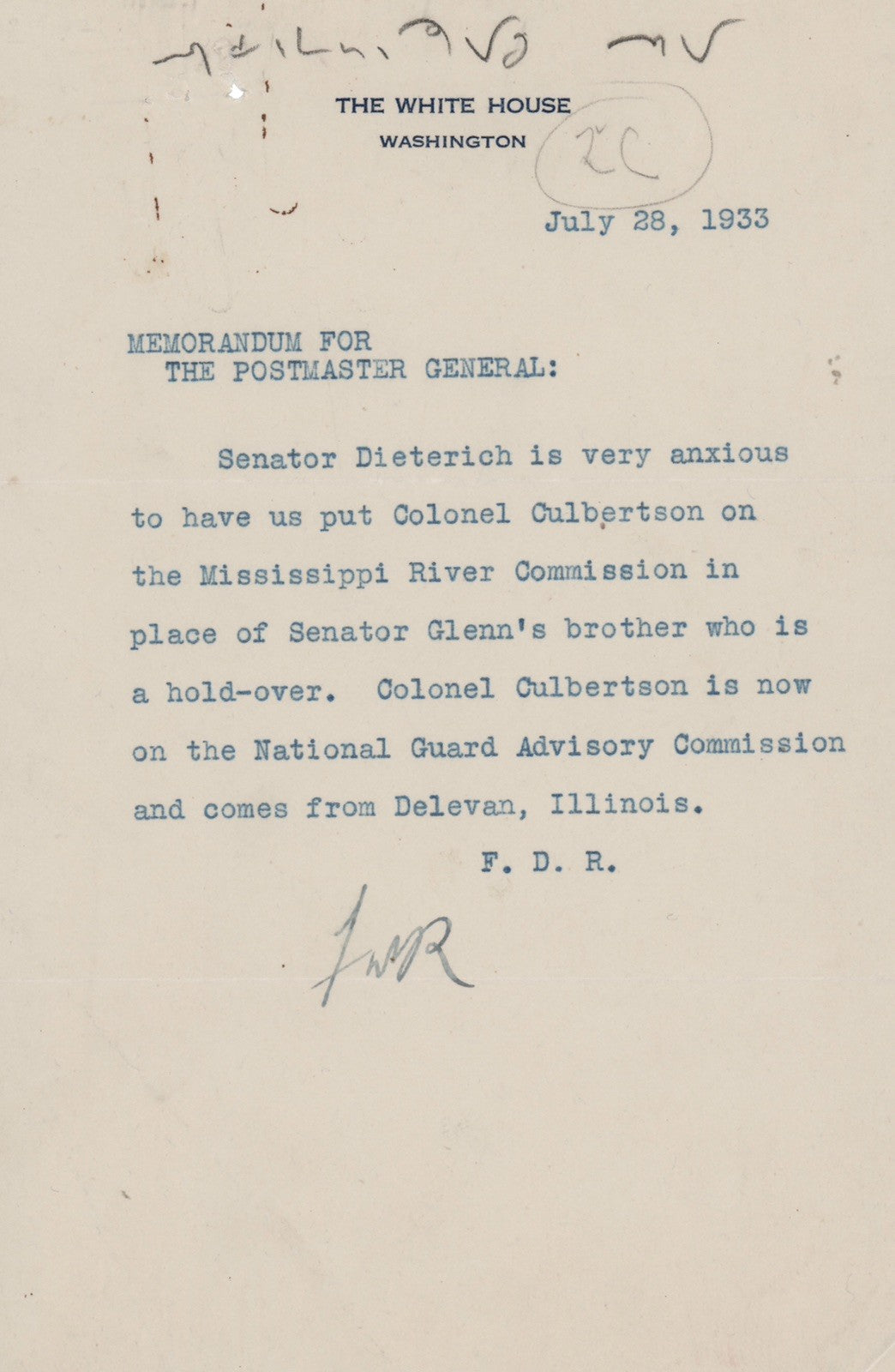 Franklin D. Roosevelt Typed Memo Signed as President