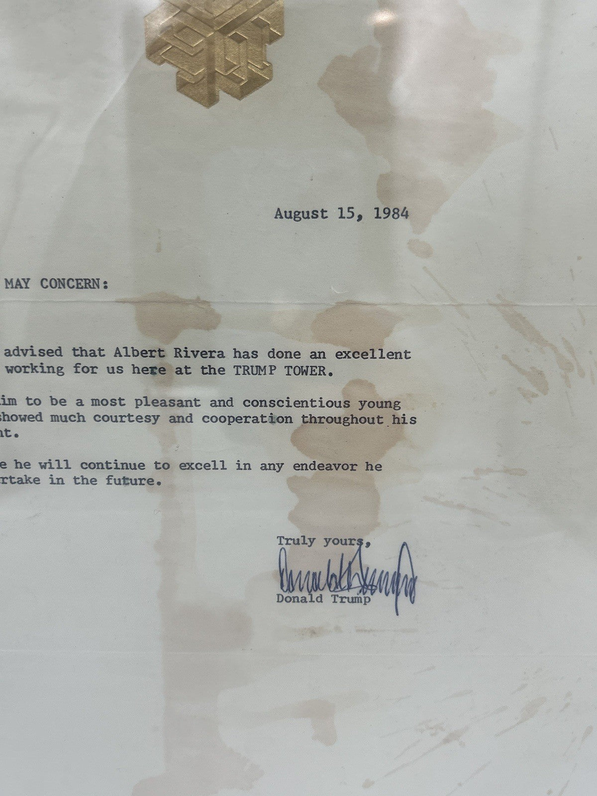 President Donald Trump Signed 1984 Letter of Recommendation Trump Organization
