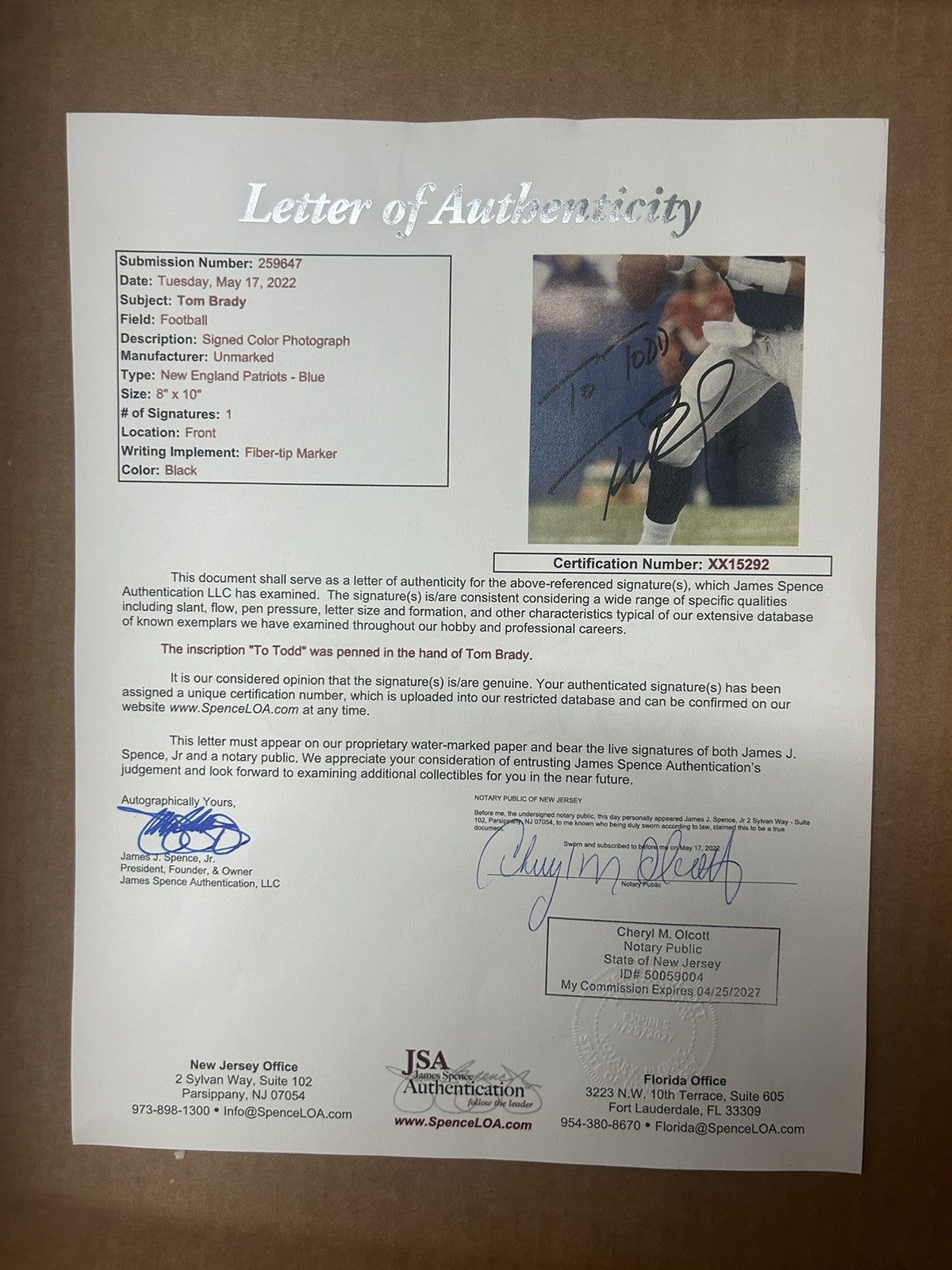 Tom Brady Signed/Custom Framed 8x10 Patriots Photo JSA LOA Rare Inscription Nice