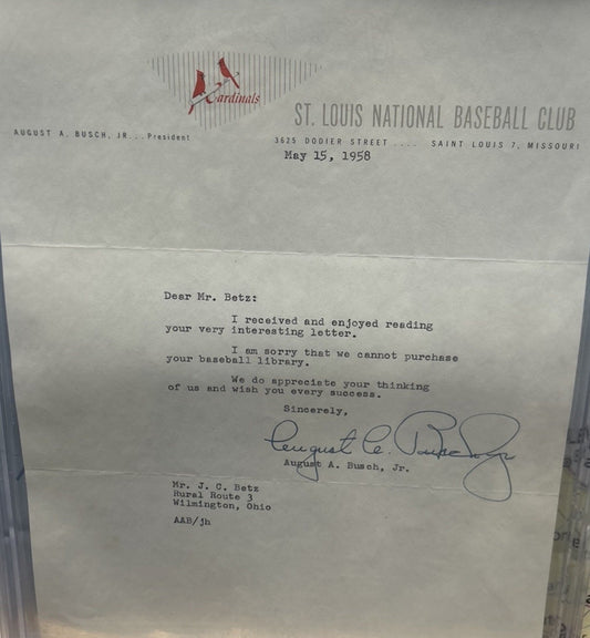 August Busch Jr St. Louis Cardinals Signed Letter Beckett Certified Rare