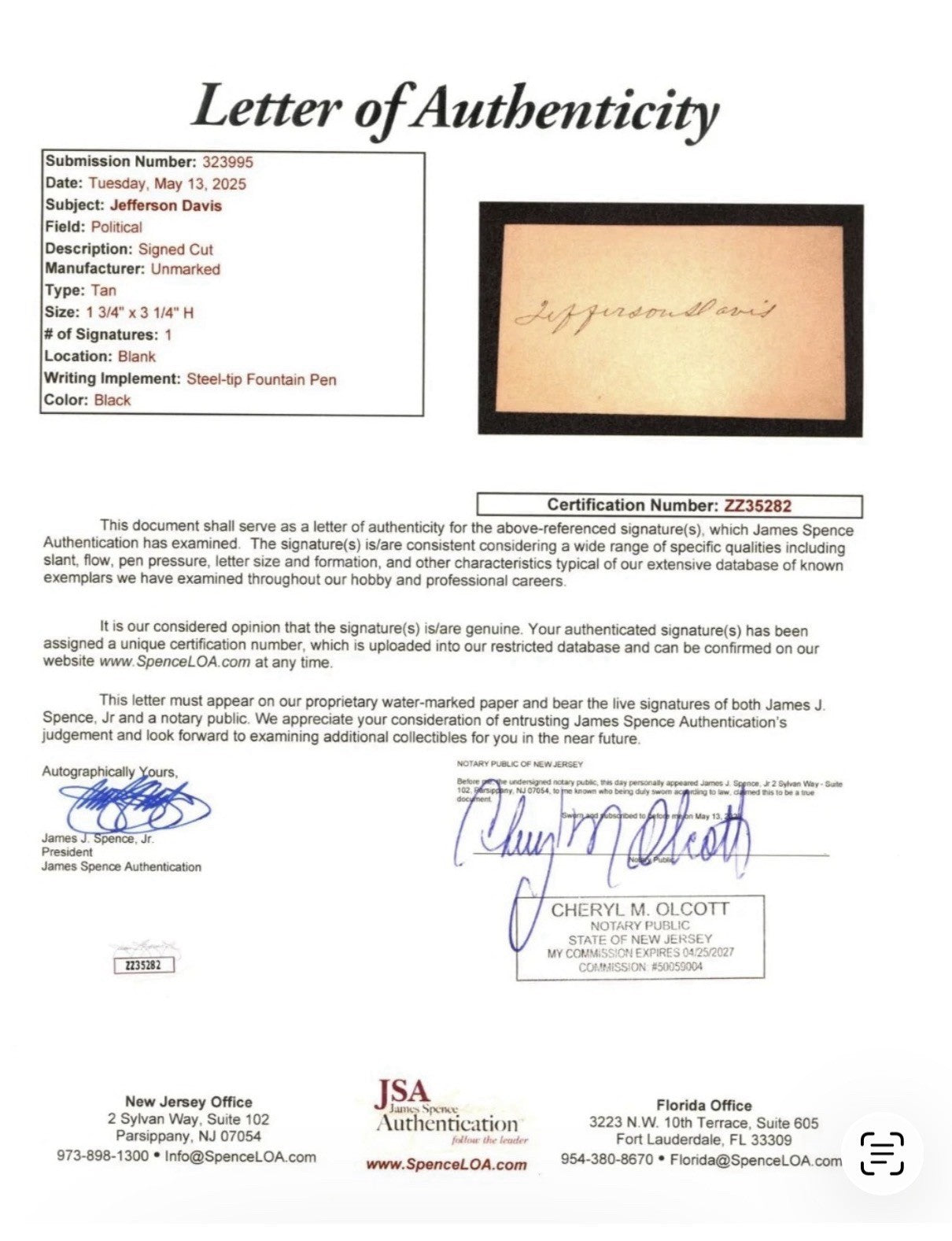 Confederate President JEFFERSON DAVIS Gorgeous Signed Cut JSA LOA Rare