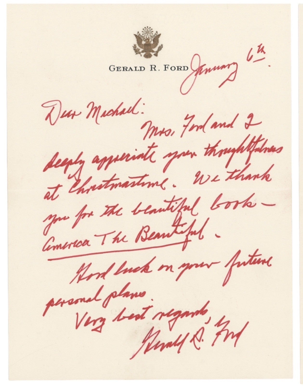Gerald Ford Handwritten Autograph Letter Signed America The Beautiful Rare