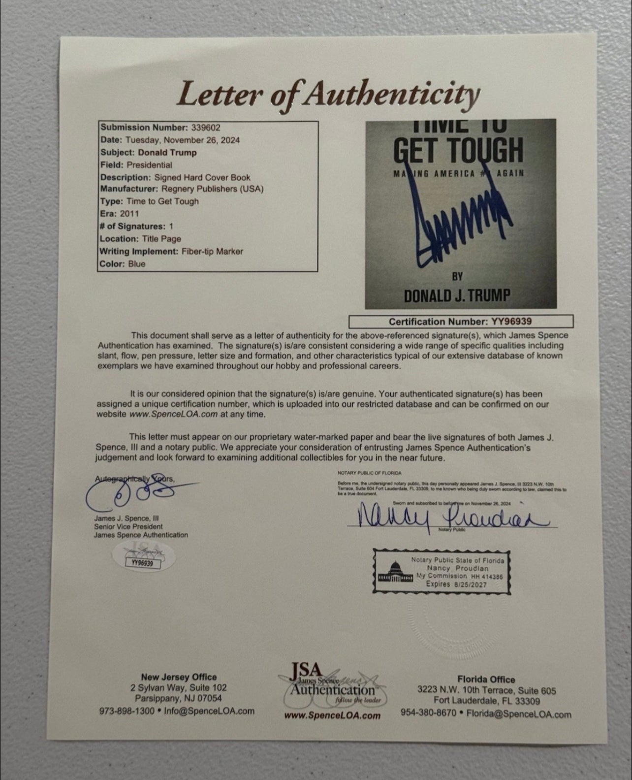 President Donald Trump Signed Autographed Time To Get Tough Book JSA