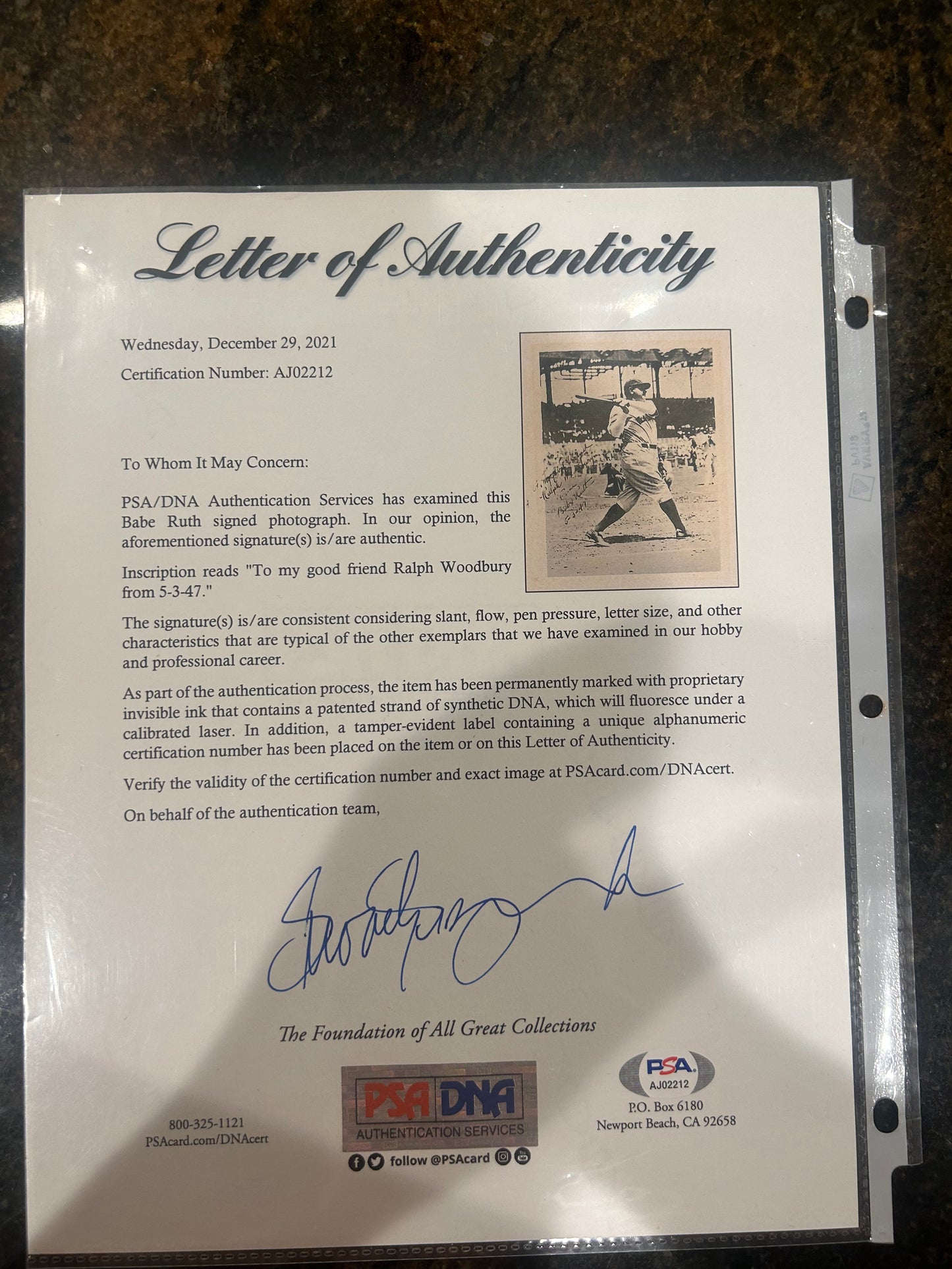 Babe Ruth Signed Photo PSA LOA