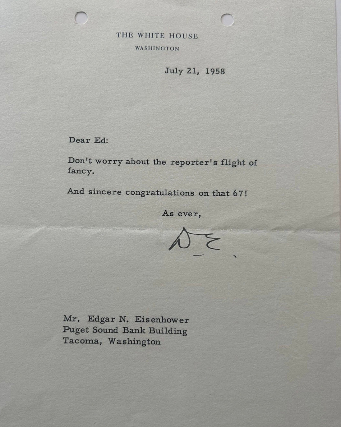 Dwight Eisenhower 1958 Typed Letter Signed - To His Brother Autographed Letter
