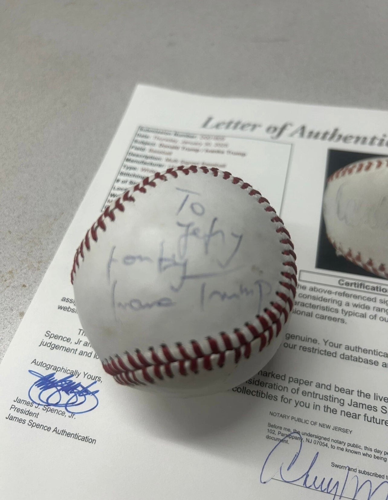 President Donald Trump & Ivana Trump Signed Baseball JSA LOA Certified