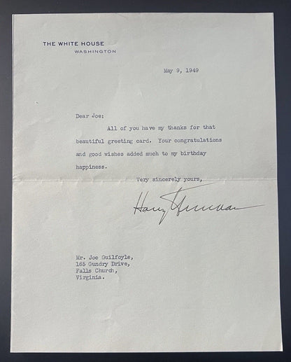 Harry S. Truman 1949 Typed Letter Signed as President - White House Stationery