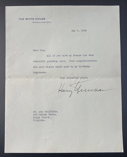 Harry S. Truman 1949 Typed Letter Signed as President - White House Stationery