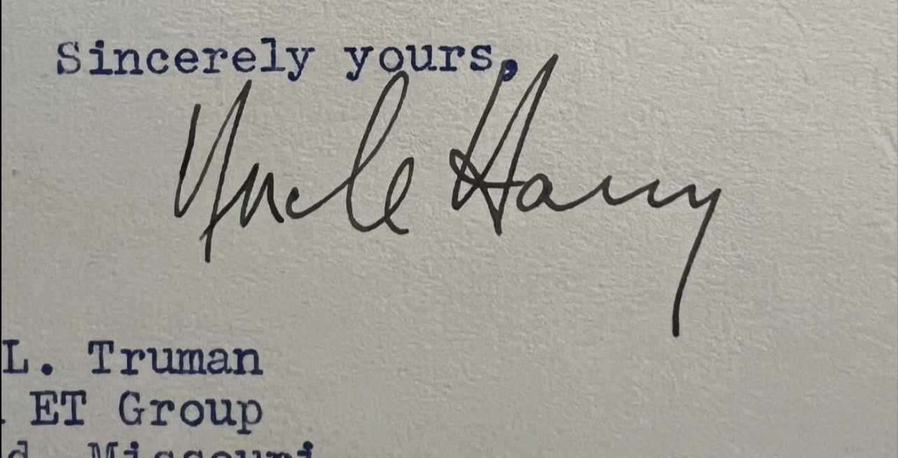 President Harry Truman signed White House Letter His Nephew  “Uncle Harry” RARE