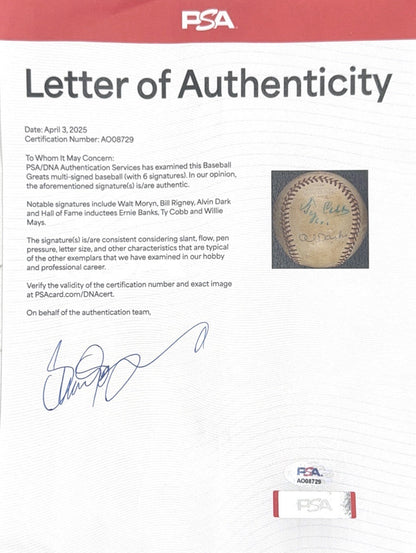 1950s Legends Signed Baseball w/ TY COBB Willie Mays Ernie Banks PSA LOA