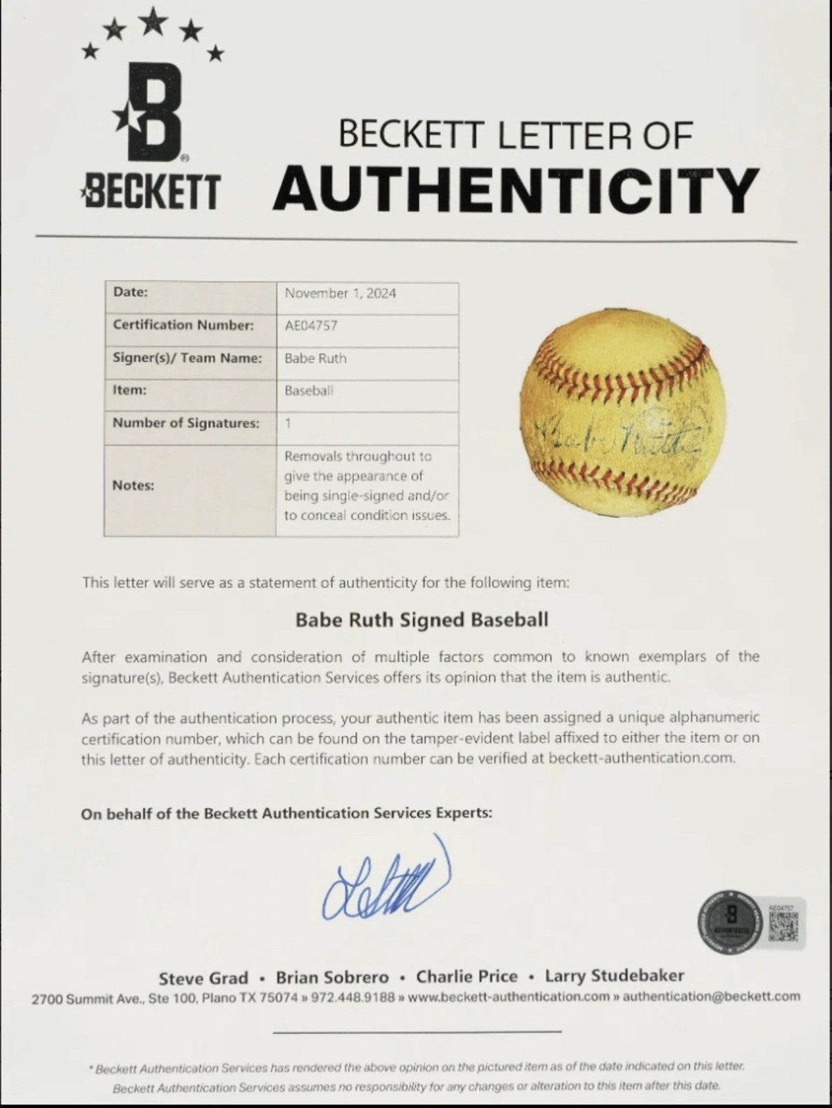 Babe Ruth -  Signed Autographed Reach Baseball - Beckett LOA - Rare Bold Auto