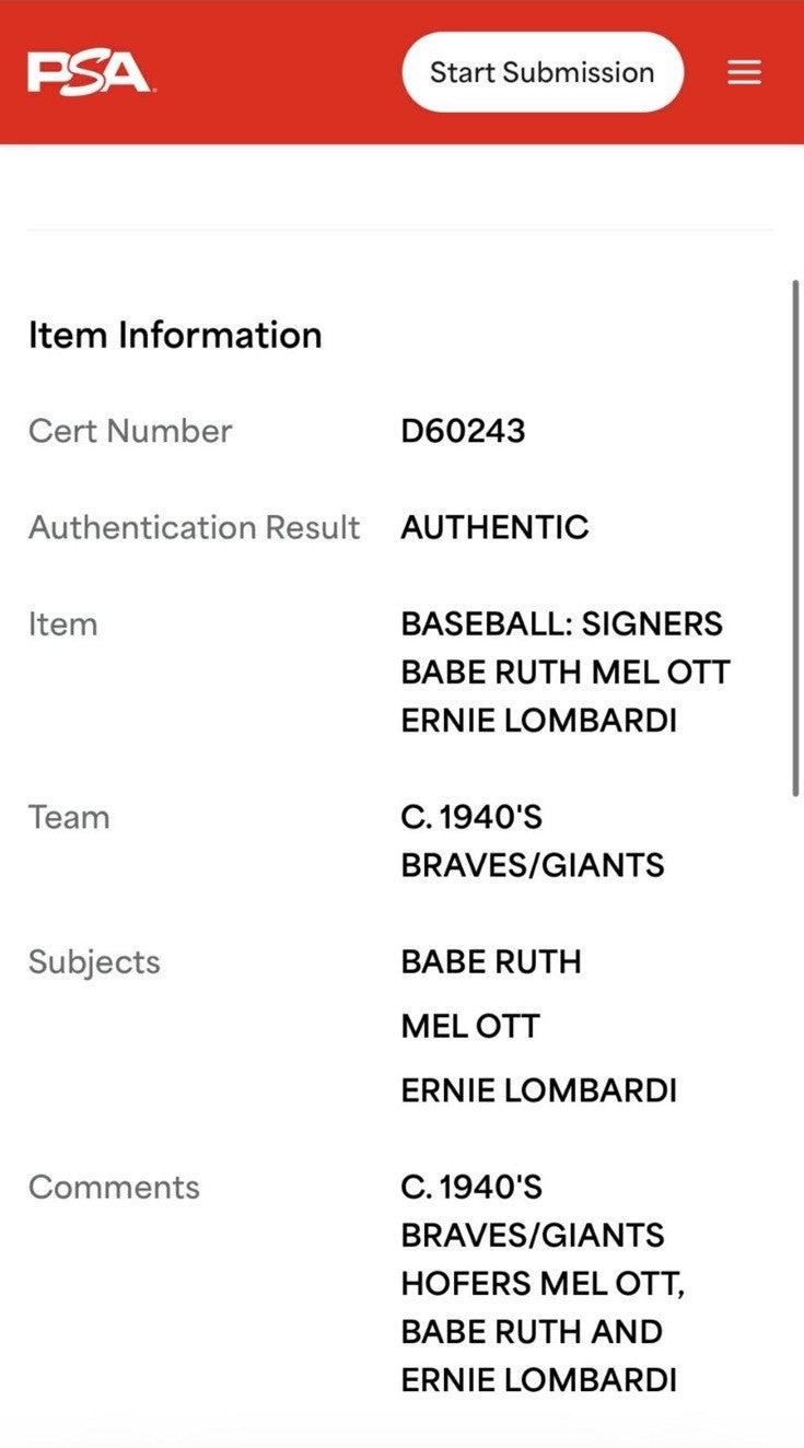 BABE RUTH Signed Spalding Baseball Mel Ott Ernie Lombardi PSA Authenticated RARE