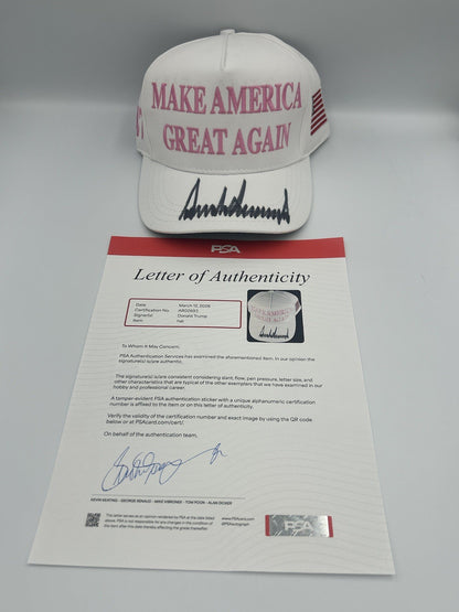 President Donald Trump Autographed Signature MAGA Hat PINK Rare Sign Hat PSA LOA
