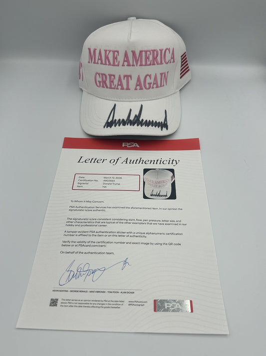 President Donald Trump Autographed Signature MAGA Hat PINK Rare Sign Hat PSA LOA