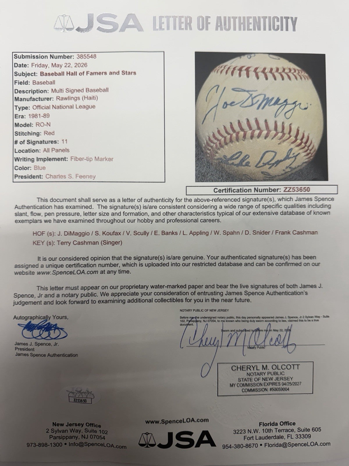 Joe Dimaggio Sandy Koufax Vin Scully +8 HOF Singer Multi Signed Baseball JSA LOA