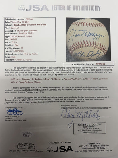 Joe Dimaggio Sandy Koufax Vin Scully +8 HOF Singer Multi Signed Baseball JSA LOA