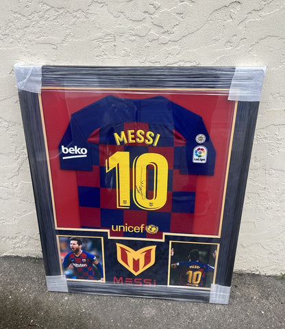 Framed Autographed/Signed Lionel Messi  FC Barcelona Jersey Beckett BAS LOA RARE