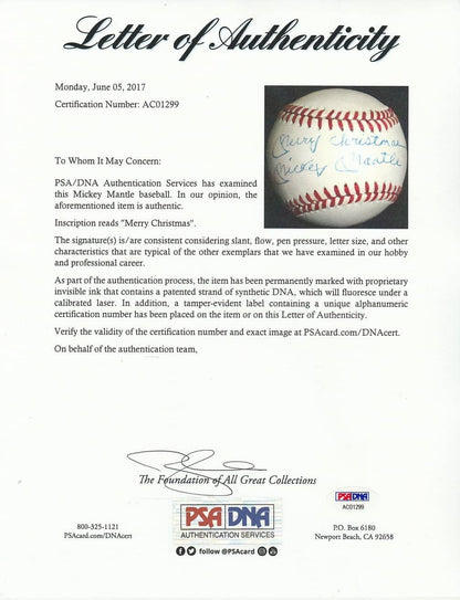 Mickey Mantle Signed Merry Christmas Baseball PSA/DNA Authenticated LOA Auto