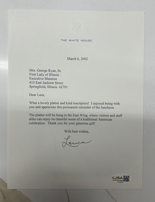 Laura Bush Signed Letter First Lady Sent To First Lady Of Illinois Rare JSA COA