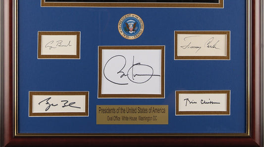 Rare FIVE PRESIDENTS Framed SIGNED Cuts Photo Obama Carter Clinton Bush Sr Jr