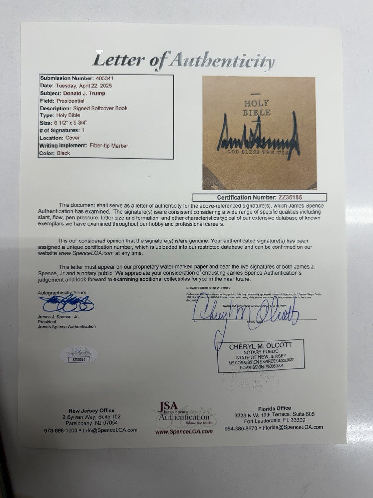 PRESIDENT DONALD J TRUMP FULL NAME SIGNED BIBLE LEE GREENWOOD GOD BLESS USA JSA