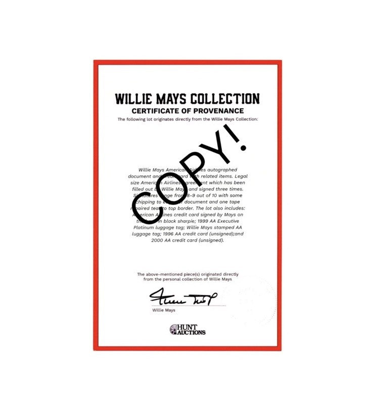 Willie Mays  Personally Owned Credit Card American Airlines Rare COA