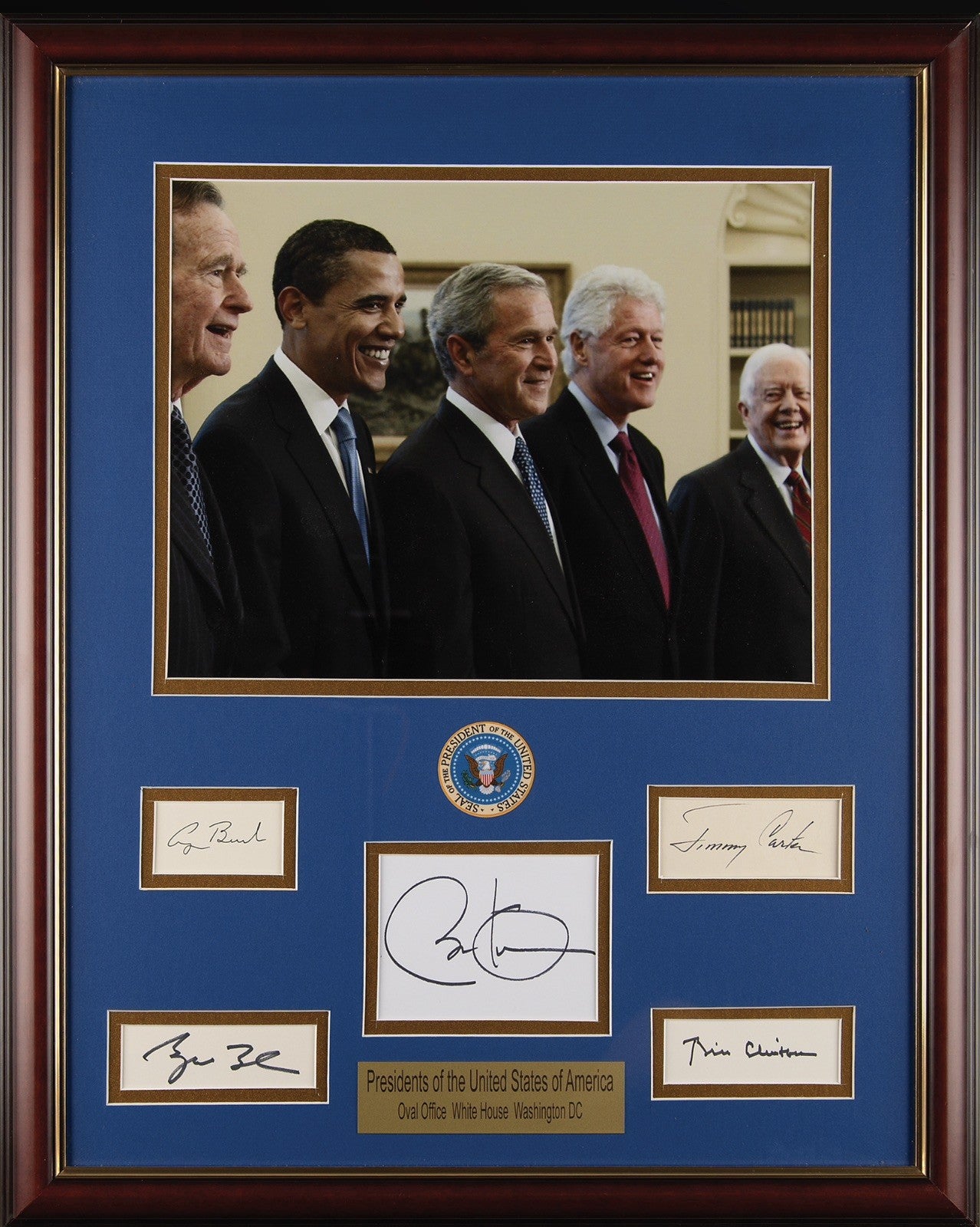 Rare FIVE PRESIDENTS Framed SIGNED Cuts Photo Obama Carter Clinton Bush Sr Jr