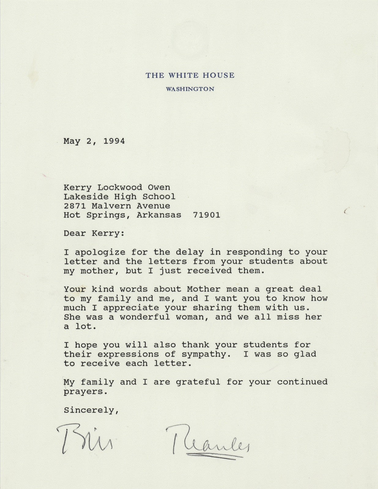 WILLIAM J. "BILL" CLINTON - TYPED LETTER SIGNED 05/02/1994