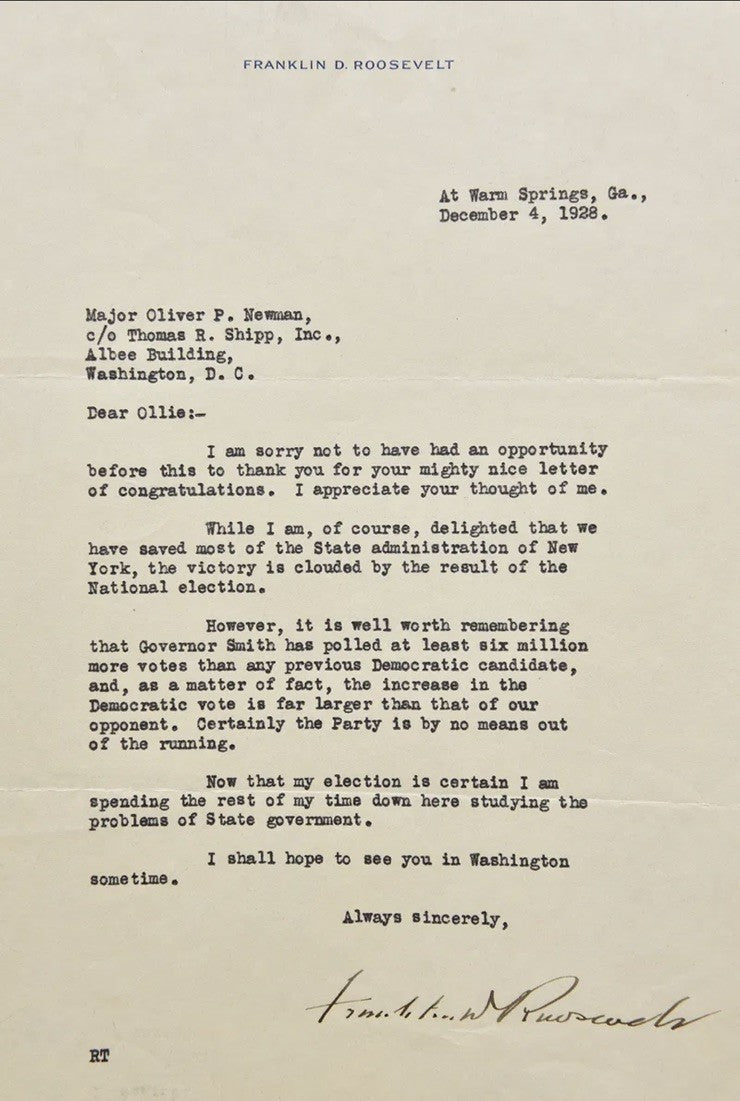 Franklin D Roosevelt Signed Letter TLS Al Smith Election Content Full Signature