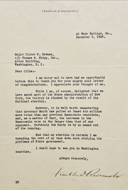 Franklin D Roosevelt Signed Letter TLS Al Smith Election Content Full Signature