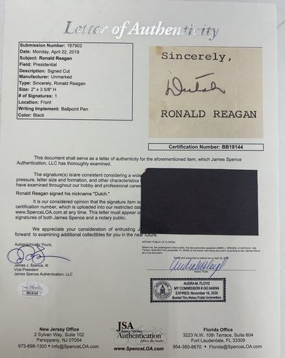 Ronald Reagan Signed Cut Autograph RARE “Dutch” Signature JSA LOA