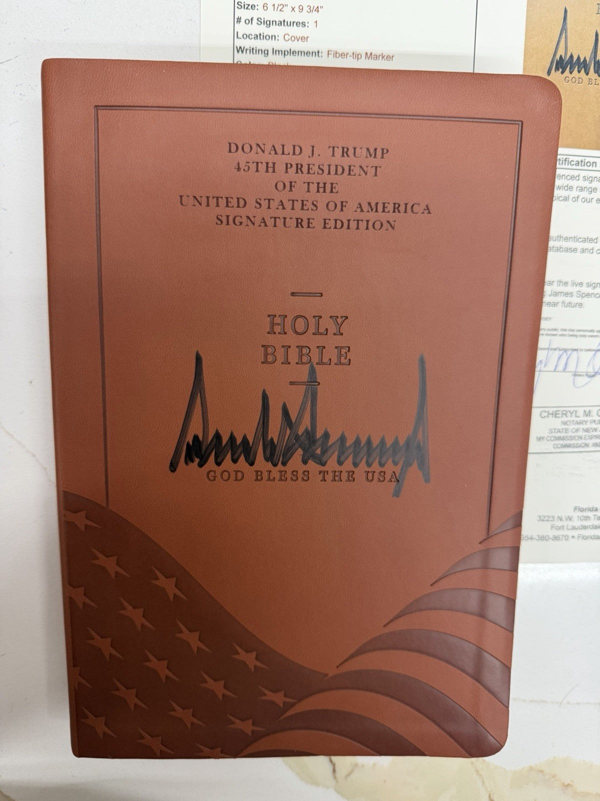 PRESIDENT DONALD J TRUMP FULL NAME SIGNED BIBLE LEE GREENWOOD GOD BLESS USA JSA
