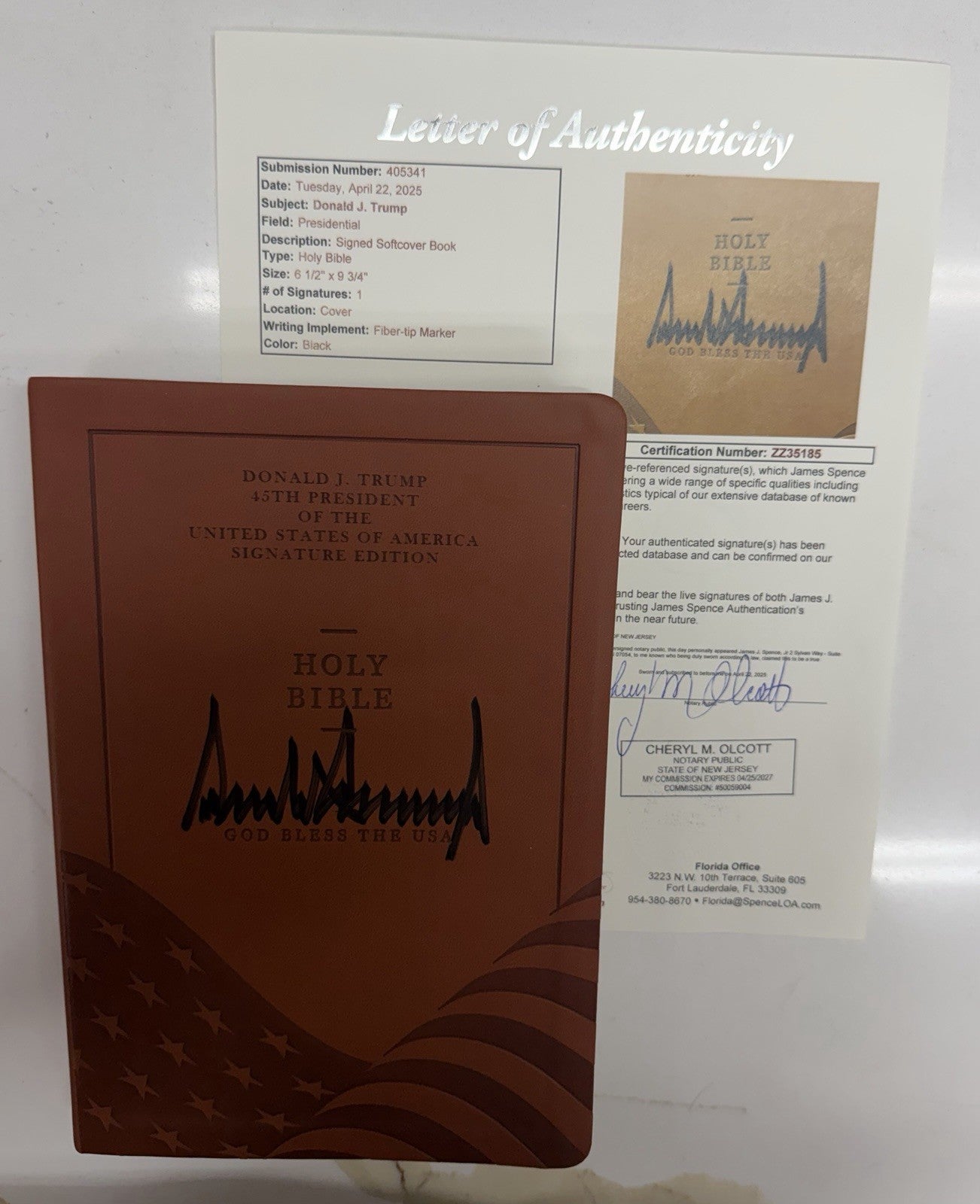 PRESIDENT DONALD J TRUMP FULL NAME SIGNED BIBLE LEE GREENWOOD GOD BLESS USA JSA