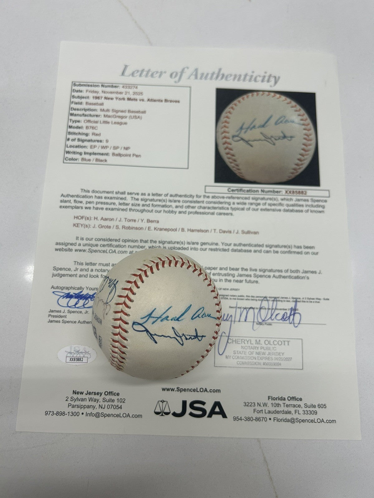 Hank Aaron Yogi Berra Joe Torre '67 Atlanta Braves New York Mets Signed Ball JSA