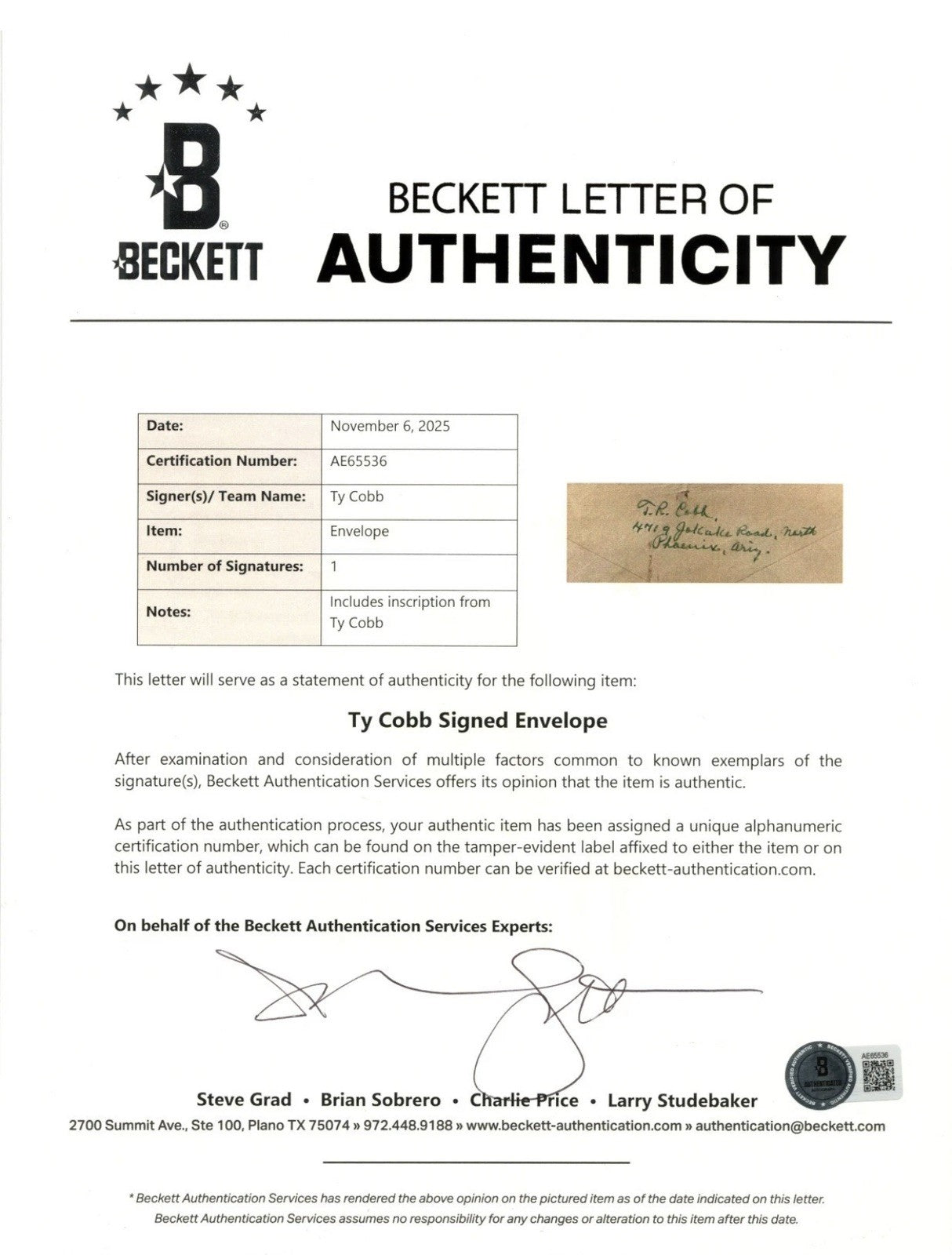 Ty Cobb Signed Envelope Addressed to North Carolina PSA & BAS (Beckett) Auto