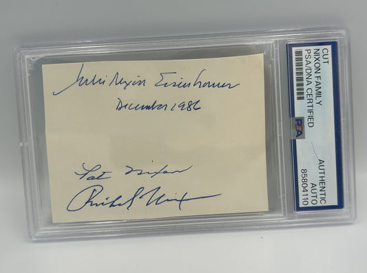 Richard, Pat & Julie Nixon Signed Cut Rare Nixon Family Autograph PSA Encap Rare