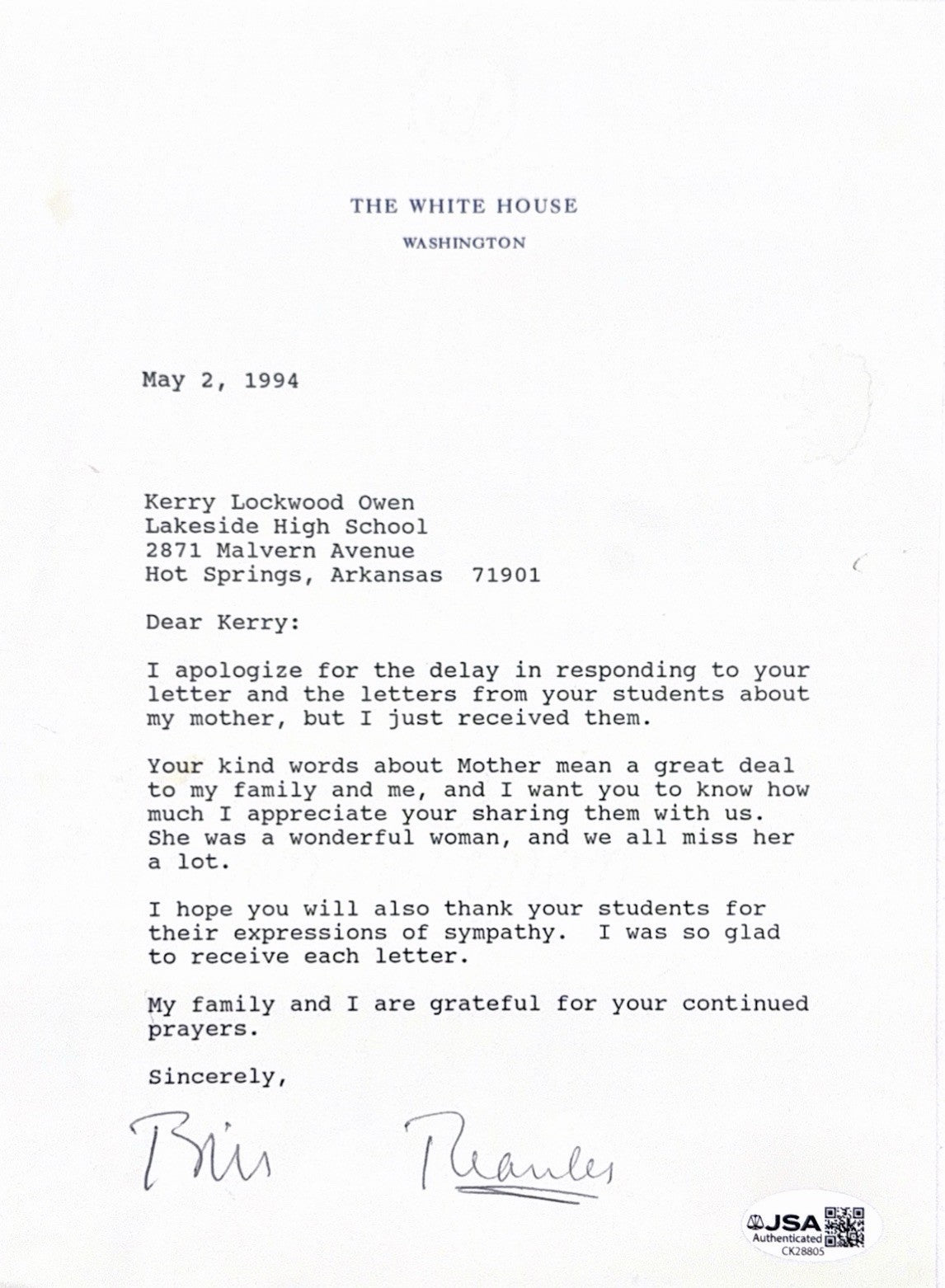 WILLIAM J. "BILL" CLINTON - TYPED LETTER SIGNED 05/02/1994 JSA COA