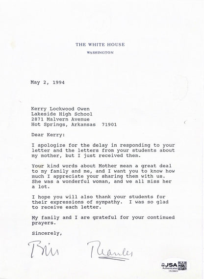 WILLIAM J. "BILL" CLINTON - TYPED LETTER SIGNED 05/02/1994 JSA COA