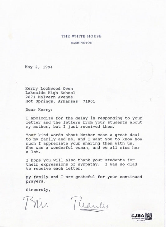 WILLIAM J. "BILL" CLINTON - TYPED LETTER SIGNED 05/02/1994 JSA COA