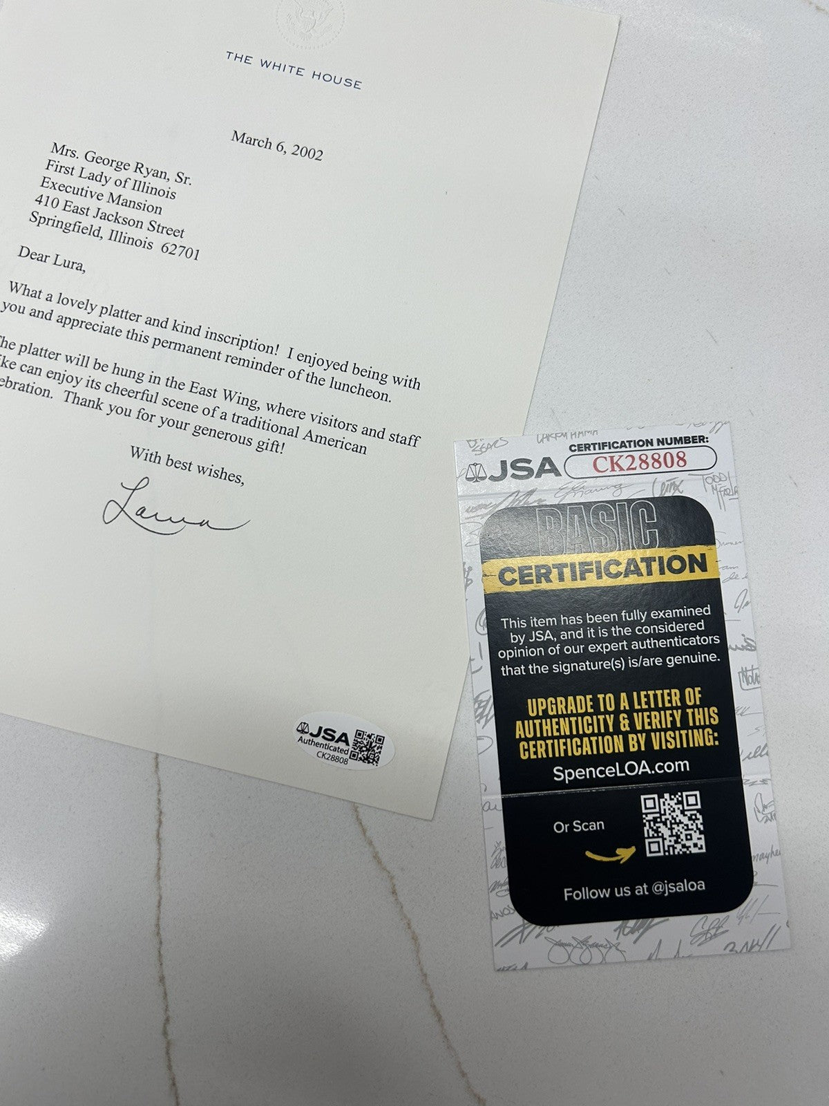 Laura Bush Signed Letter First Lady Sent To First Lady Of Illinois Rare JSA COA