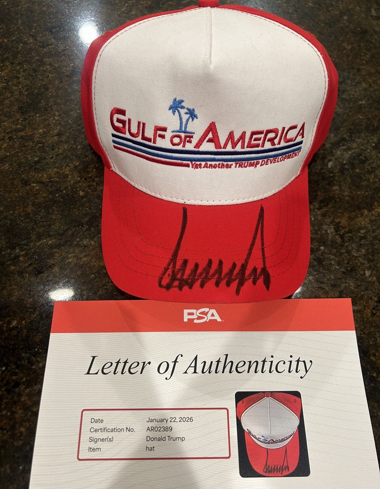 DONALD TRUMP SIGNED AUTOGRAPHED “GULF OF AMERICA” RARE HAT PSA LOA