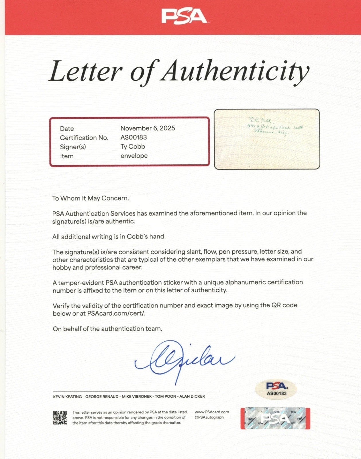 Ty Cobb Signed Envelope Addressed to North Carolina PSA & BAS (Beckett) Auto