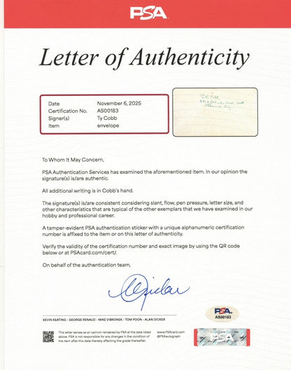 Ty Cobb Signed Envelope Addressed to North Carolina PSA & BAS (Beckett) Auto