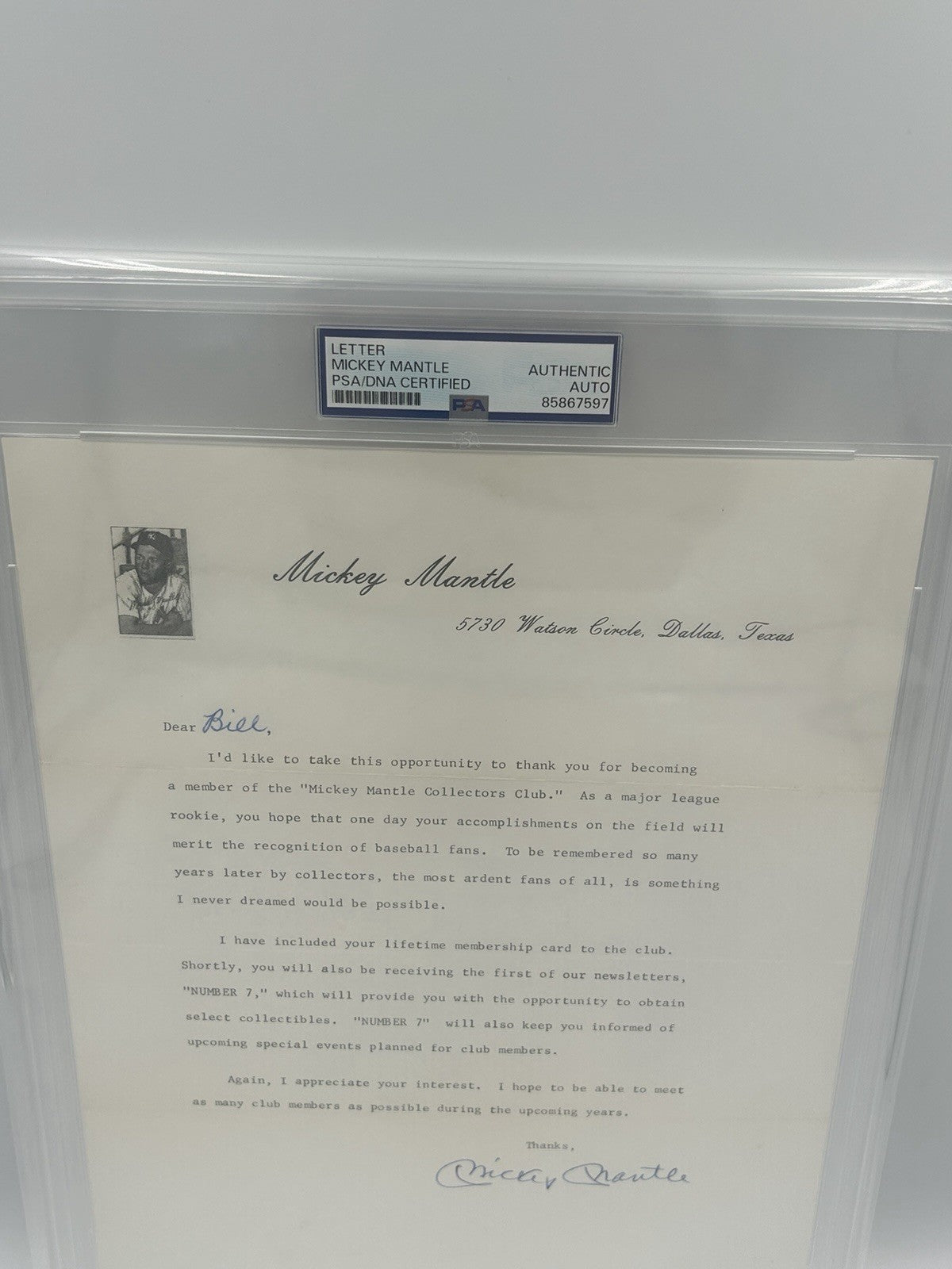 Mickey Mantle Collectors Club Signed Letter RARE PSA Encapsulated Autograph