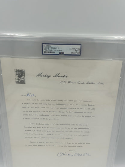 Mickey Mantle Collectors Club Signed Letter RARE PSA Encapsulated Autograph