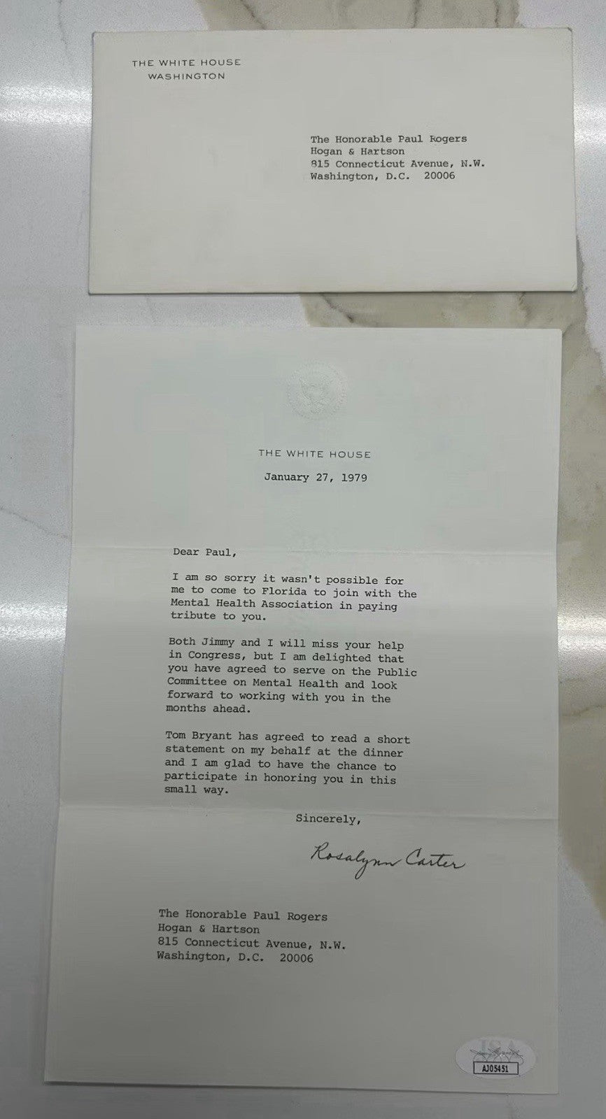 Rosalynn Carter Signed 1979 White House Letter Autographed FLOTUS W/ Envelope