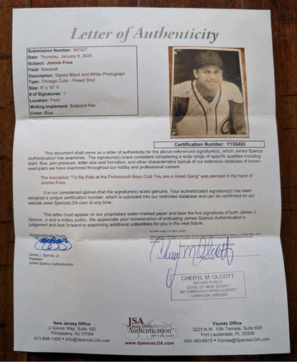 Jimmie Foxx Signed Original George Burke Photograph PSA/DNA Auto & JSA Auth